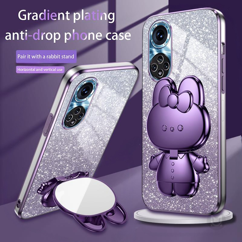 ปลอกสําหรับ Huawei Nova 7SE 9SE 10SE 11SE 12SE 10 11 12 Pro 7i 5T 3i Y90 Y91 Y61 Y70 Y70Plus Gliiter กระต่ายแต่งหน้ากระจกวงเล็บชุบที่วางโทรศัพท์กรณี