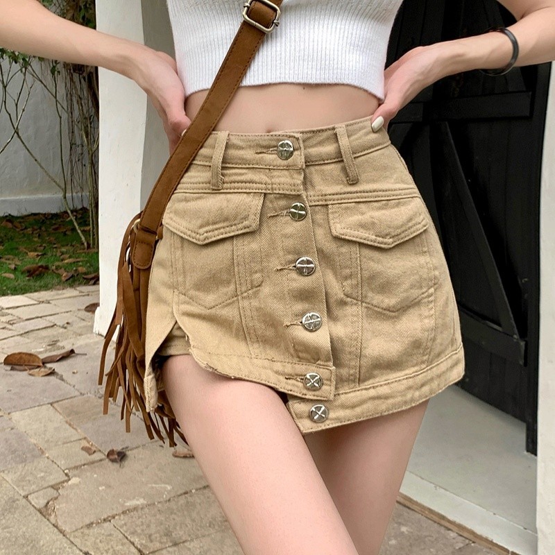 ccute พร้อมส่ง กระโปรง กางเกง สีมินิมอล ผ้ายีนส์นิ่ม ผ่าข้าง กระดุมเงิน 6 เม็ด กระเป๋าแต่ง สไตล์ เกาหลี