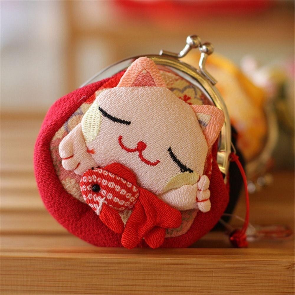 Aubrey1 Maneki Neko กระเป๋าใส่เหรียญ,สไตล์ญี่ปุ่นดอกไม้พิมพ์ Lucky Cat กระเป๋าคลัทช์,แบบพกพาตุ๊กตา PU กระเป๋าสตางค์ผู้ถือบัตรผู้ชาย