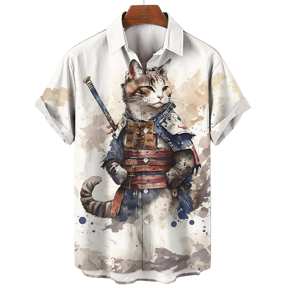 เสื้อเชิ้ตแขนสั้นลําลอง พิมพ์ลายแมวซามูไร Y2k แฟชั่นฤดูร้อน สไตล์ฮาราจูกุ สําหรับผู้ชาย