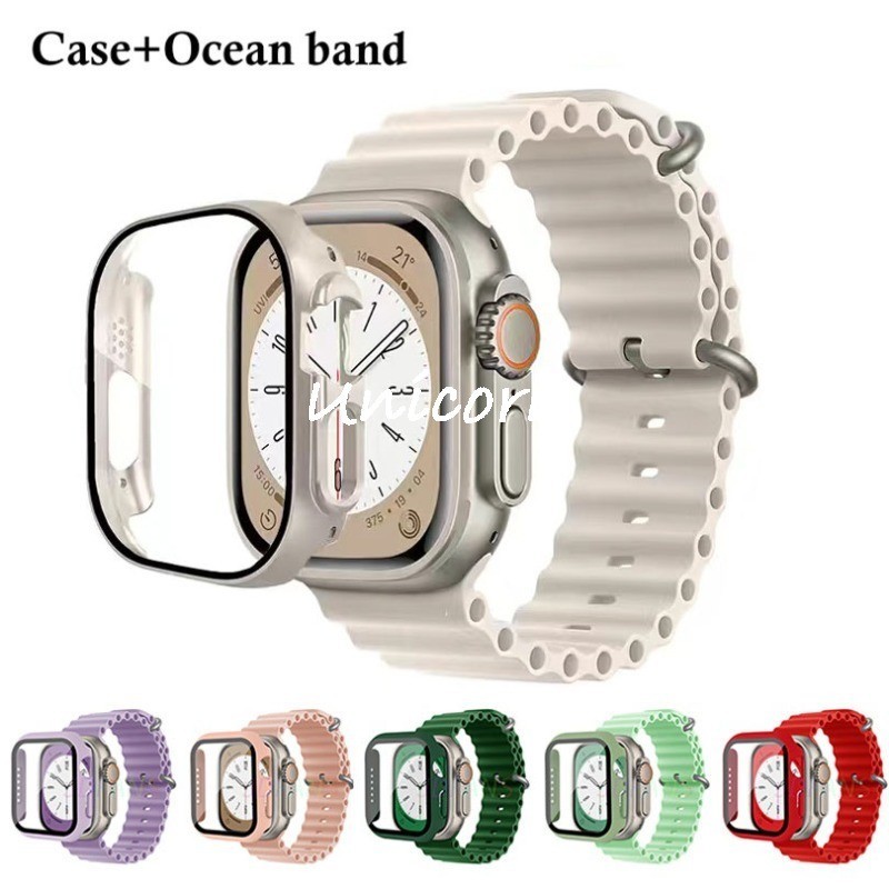 3 IN 1 สายนาฬิกาข้อมือซิลิโคน และกระจก สําหรับ Apple Watch Series 9 8 7 6 SE 5 4 3 2 1 iWatch ขนาด 45 มม. 41 มม. 44 มม. 40 มม. 42 มม. 38 มม. Ultra/2 49 มม.