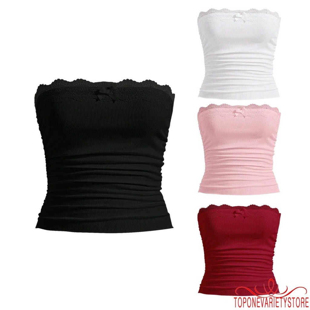 Topone-ผู้หญิงฤดูร้อน Tube Tops Lace Patchwork Strapless Bandeau Crop Tops