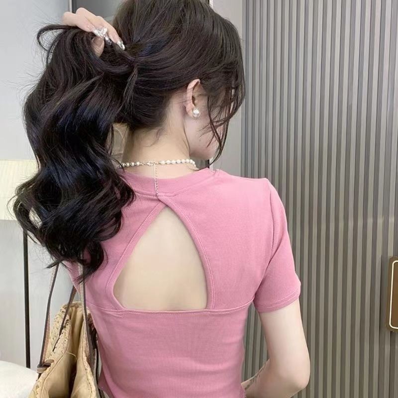 เสื้อยืดแขนสั้น เปิดหลัง ออกแบบดี สีพื้น แฟชั่นฤดูร้อน สําหรับผู้หญิง 2024