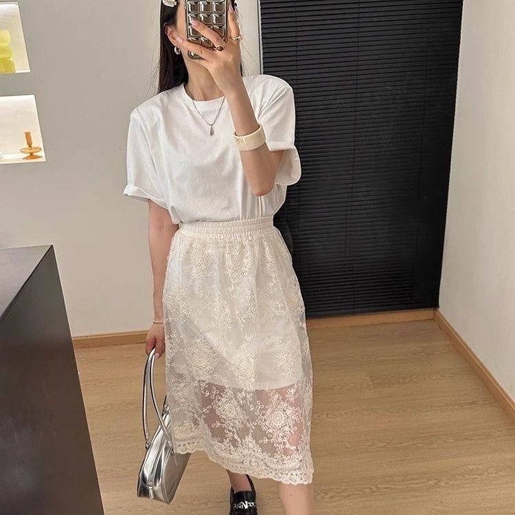 Retro Hollow See-Through Lace Skirt Design Sense Thin Mid-Length Elastic Bottoming A-Line Skirt