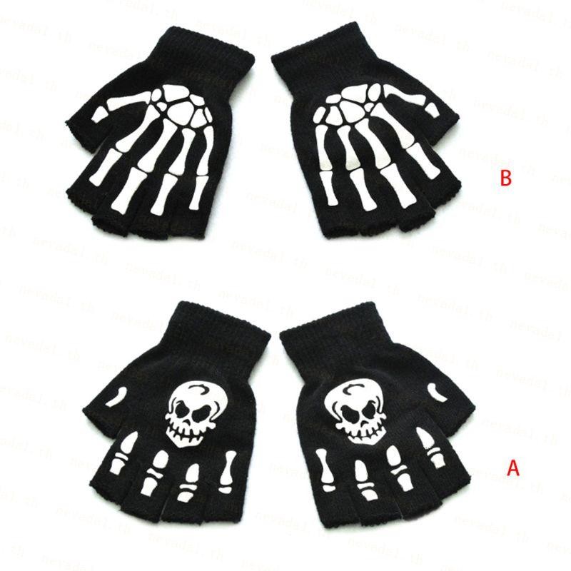 ʚɞ Ne ʚɞ Halloween Skull Skeleton Fingerless Gloves Glow in the Dark Cycling Knit Mittens