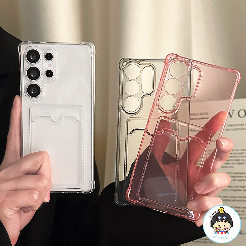 Simple โปร่งใสผู้ถือบัตรเคสโทรศัพท์สําหรับ Samsung S25 S24 S23 S22 Ultra Plus A54 A72 A73 A23-5G A53-5G สี่มุมถุงลมนิรภัยป้องกันกันกระแทก Soft TPU ฝาหลัง