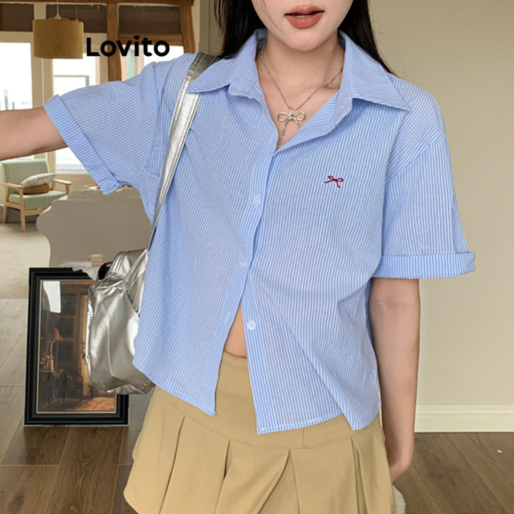 (Trendy) Lovito เสื้อเบลาส์หน้าโบว์ลายทางน่ารักสําหรับผู้หญิง L122AD068