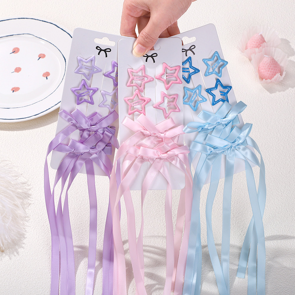 6 ชิ้น/เซ็ต Five Star BB กิ๊บติดผมสําหรับสาวคู่ Bowknot Y2k Hairgripes สําหรับผู้หญิงหวาน Headwear