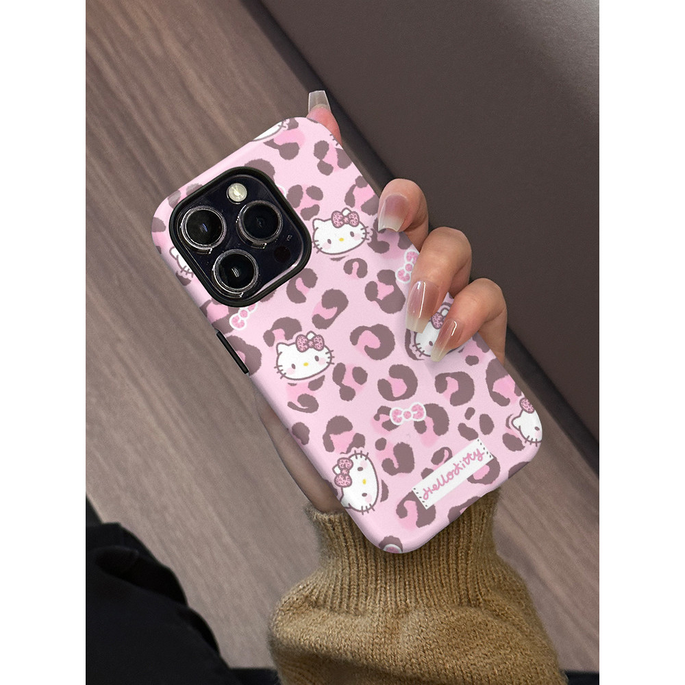 เคสแมว KT ลายเสือดาวสีชมพูสำหรับ iPhone 15/16 Plus 13 Pro Max สองชั้นกันกระแทก 11 12 14 Plus เคสแข็ง 7/8 Plus 13 Pro XS เคสโทรศัพท์หัวใจน่ารัก 16 Pro Max 15 Pro เคสคู่ XSMAX 14 Pro Max
