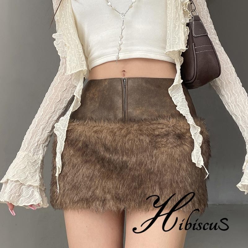 ชบา-ผู้หญิง tidding หนังขนสัตว์ Patchwork กระโปรงต่ําเอวซิปด้านหน้า Bodycon กระโปรงมินิสําหรับงานปาร์ตี้ - รูปที่ 4