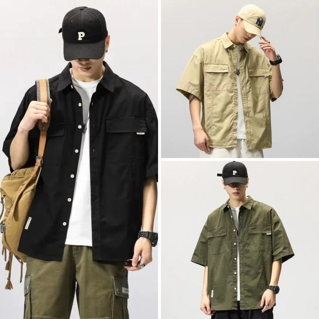 MNO.9 Shirt616 เสื้อเชิ้ตผู้ชาย คอปก เสื้อคลุมแขนสั้น มีกระเป๋าหน้า ปักป้ายกระเป๋าและข้างลำตัว ลำลอง วินเทจ Man Clothing