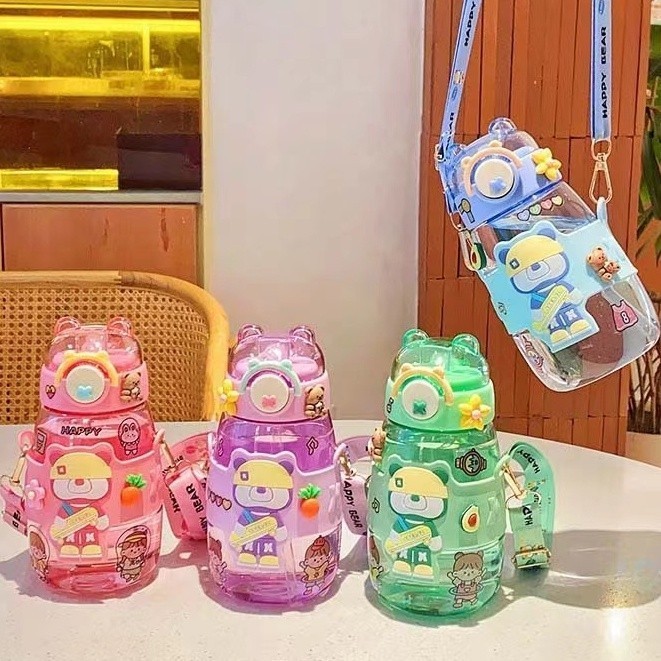 สําหรับเด็ก ขวดน้ำเก็บความร้อน 600ml ลายสุดน่ารักลายหมี พร้อมฝาครอบกันรั่วมีสายคล้อง น้ำหนักเบาและพกพาสะดวก