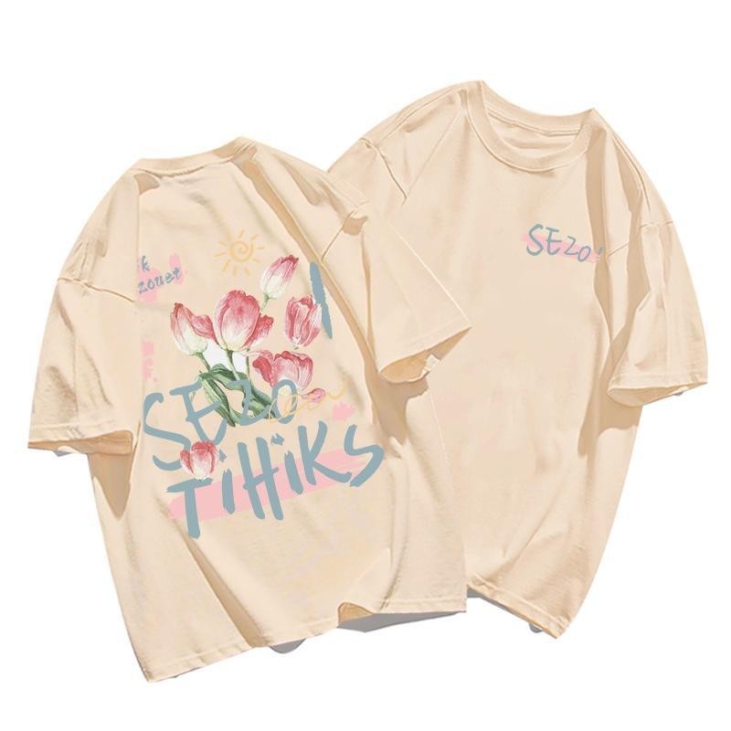 เกาหลี เสื้อแบบดารา เสื้อยืดแขนสั้น CMDXY0068 ผู้ชาย ผู้หญิง ลายทาง ตัวอักษร หลวม ลายสกรีน ฤดูร้อน ฤดูใบไม้ผลิ
