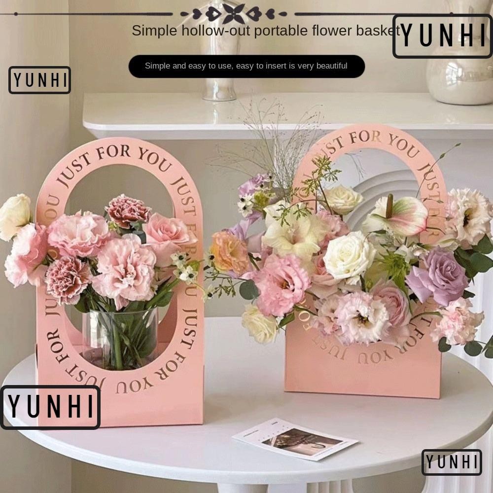 Yunhi ตะกร้าดอกไม้ กระดาษ พร้อมที่จับ สําหรับใส่ช่อดอกไม้ วันวาเลนไทน์
