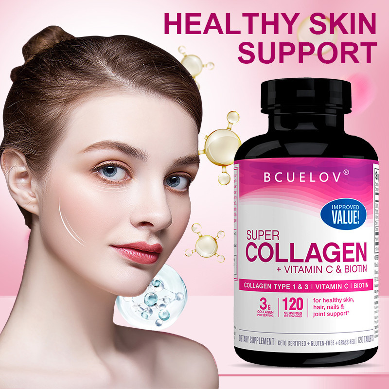 Bcuelov Super Collagen Peptides + วิตามินซี และไบโอติน เพื่อสนับสนุนผิวกระจ่างใส เส้นผม และเล็บ และสุขภาพข้อต่อ