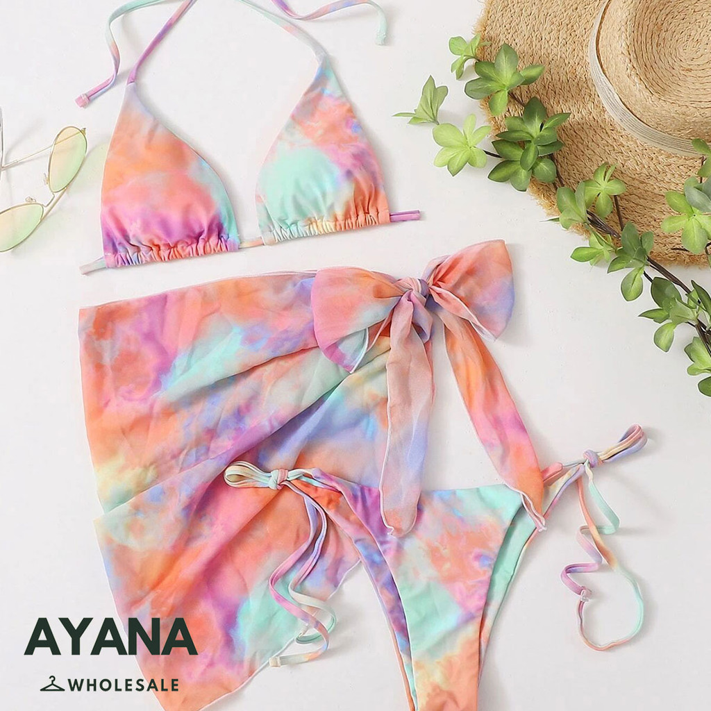 ชุดว่ายน้ำ Bikini Set 3 ชิ้น ทูพีช+กระโปรงคลุมบิกินี สีสันสดใส ใส่เที่ยวทะเล