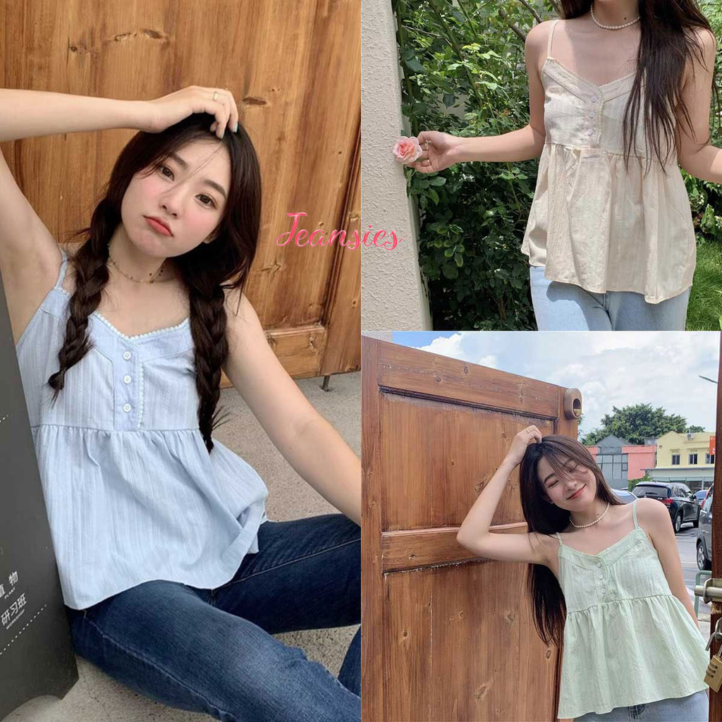 เสื้อสายเดี่ยวคอวีสำหรับผู้หญิง โทนสีหวานพาสเทล สไตล์เกาหลี