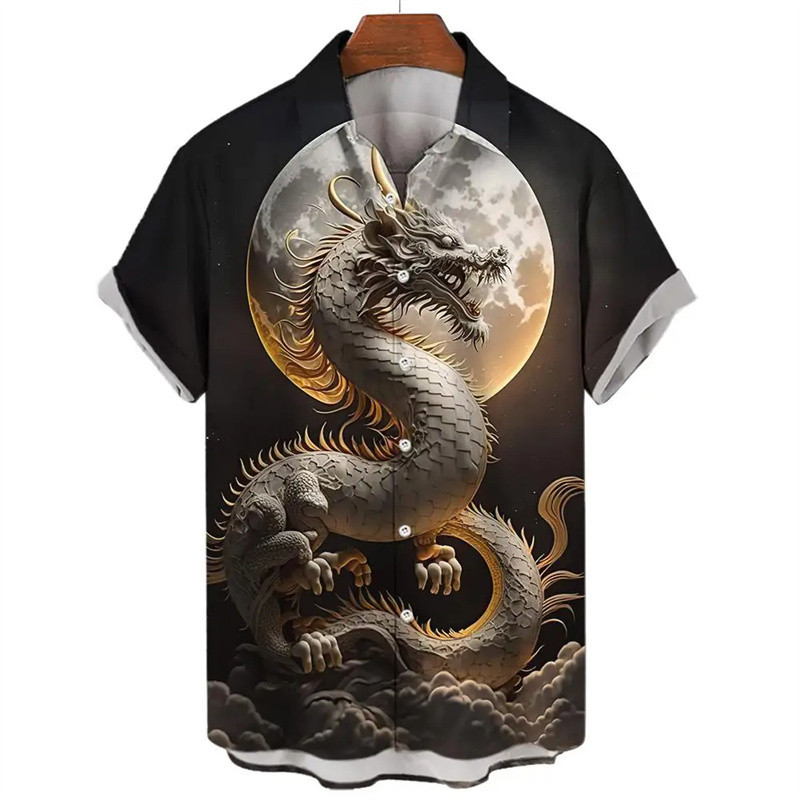 เสื้อเชิ้ต ทรงหลวม พิมพ์ลายมังกร 3 มิติ ขนาดใหญ่ เหมาะกับเดินชายหาด สไตล์ฮาราจูกุ แฟชั่นสําหรับผู้ชาย 2024