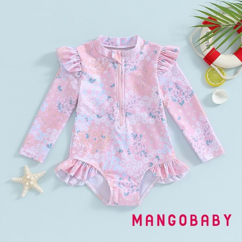 Mg-ชุดว่ายน้ําเด็กผู้หญิงฤดูร้อน Ruffle ดอกไม้พิมพ์แขนยาวซิป Jumpsuit Beachwear สําหรับชุดว่ายน้ําเด็กวัยหัดเดิน