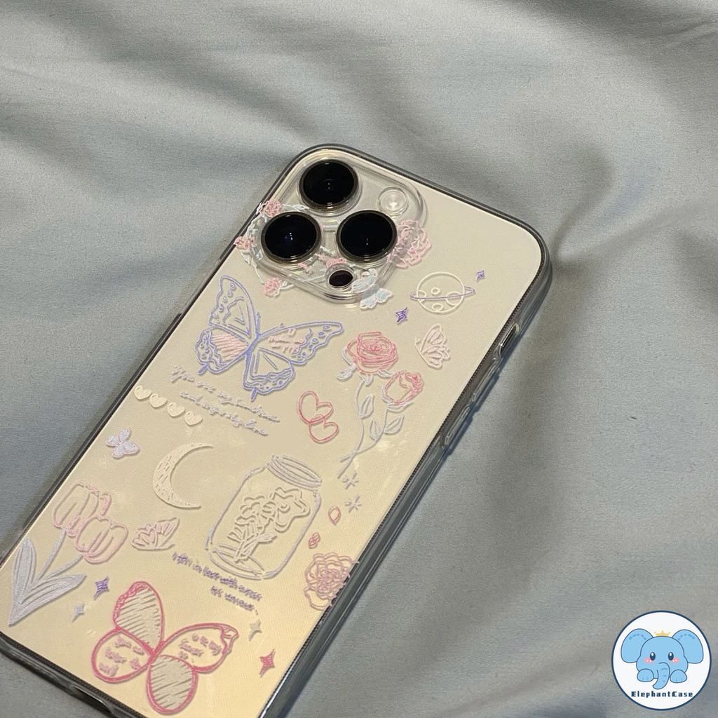 การ์ตูนแฟชั่นสีสันกุหลาบดวงจันทร์ผีเสื้อกรณีโปร่งใส iPhone 11 15 XR 7 8 Plus 11 14 13 12 Pro Max X XS Max SE