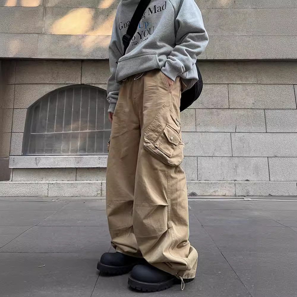 [X-MEN] American Retro Casual Pants MEN Hip-Hop Multi-Pocket Loose Wide-Leg MEN Khaki Paratrooper Ov