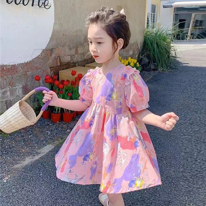 onekid สาวฤดูร้อนชุดสีชมพู 2024 ใหม่การ์ตูนหวานชุดแฟชั่นลูกไม้พัฟแขนชุดเจ้าหญิง