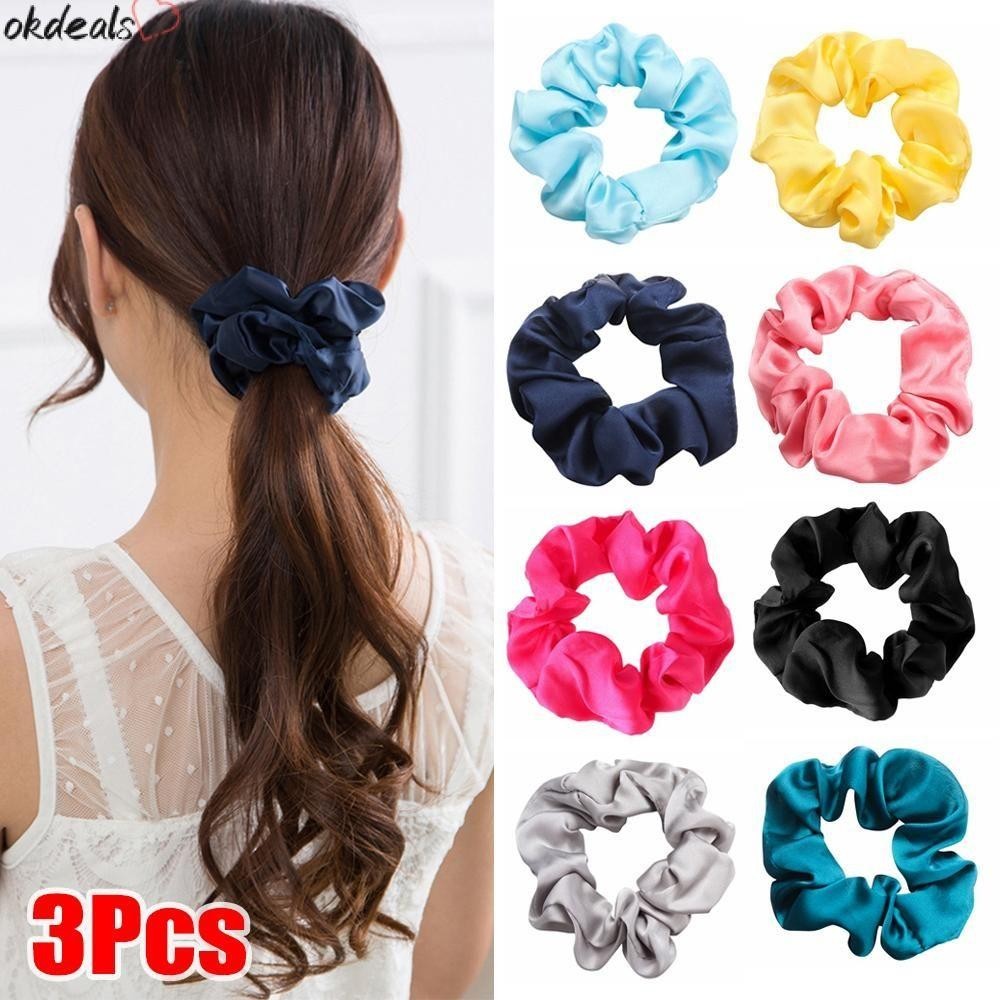 Okdeals ยางมัดผมหางม้า ผ้าซาติน สีสดใส 3 ชิ้น