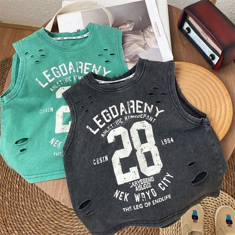 เสื้อกล้ามแขนกุดเด็กชาย ฤดูร้อนใหม่สไตล์เกาหลีบริสุทธิ์หลุมหลวมสบายๆแฟชั่นเสื้อยืดอเนกประสงค์ด้านบน