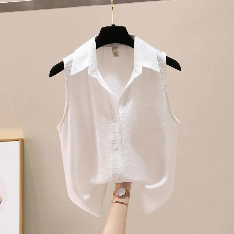 เสื้อเชิ้ตแขนกุด ผ้าชีฟอง เข้ารูป เข้ากับทุกการแต่งกาย สไตล์เกาหลีตะวันตก แฟชั่นฤดูร้อน สําหรับผู้หญิง 2024