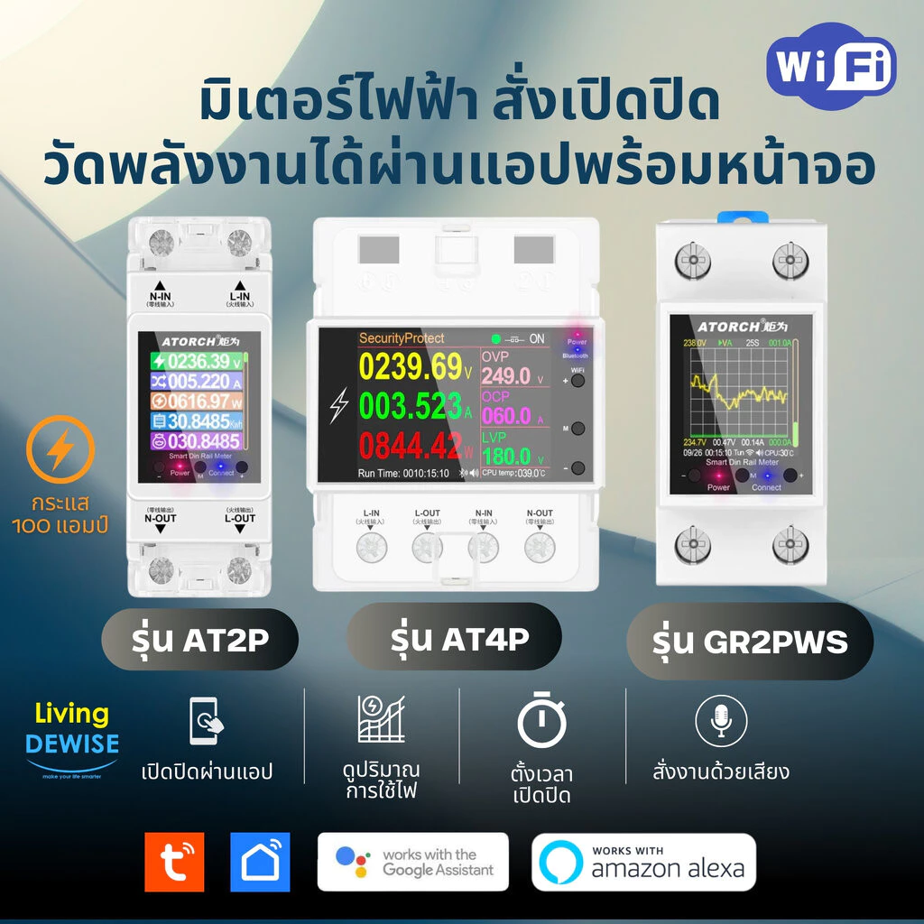 Tuya มิเตอร์วัดพลังงานไฟฟ้า Wi-Fi (AT2P,AT4P) เปิดปิด ตั้งเวลา ตั้งทริปผ่านแอป กระแส 100A พร้อมจอ