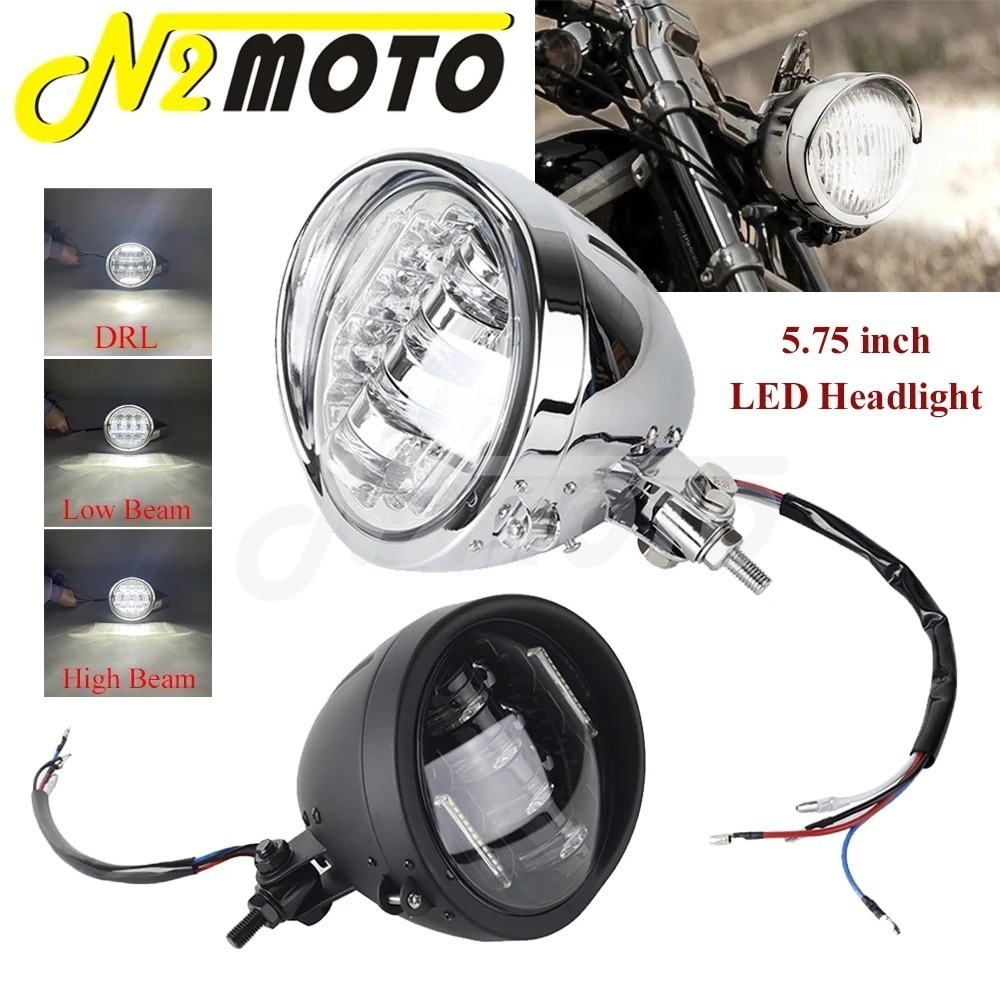N2 E9 Motorcycle LED Headlight Universal 5.75" High Low Beam DRL Headlamp Assembly For Caf Racer Bob