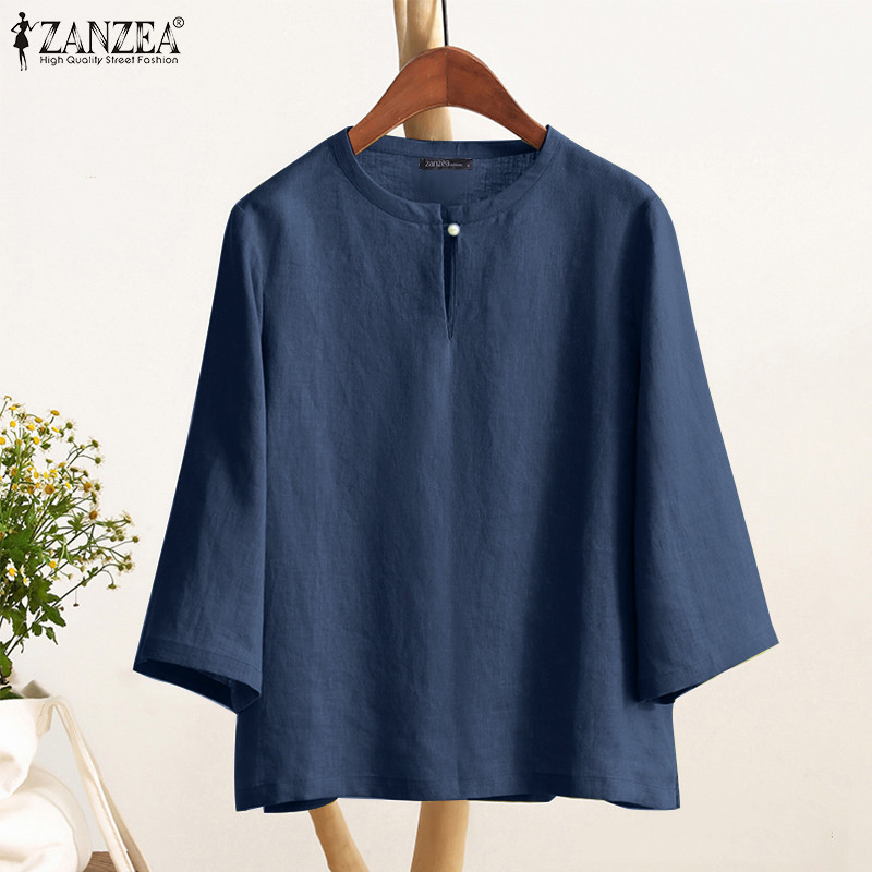 Zanzea เสื้อเบลาส์ลําลอง คอกลม แขน 3/4 สีพื้น สไตล์เกาหลี สําหรับผู้หญิง — صورة 3