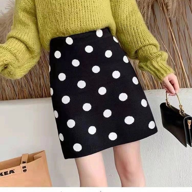 JN 2026 ฤดูใบไม้ร่วงฤดูหนาวสไตล์ใหม่แฟชั่นถักกระโปรงเอวสูง a-Line กระโปรง Polka Dot กระโปรงสะโพก Slimmer ดู All-Ma