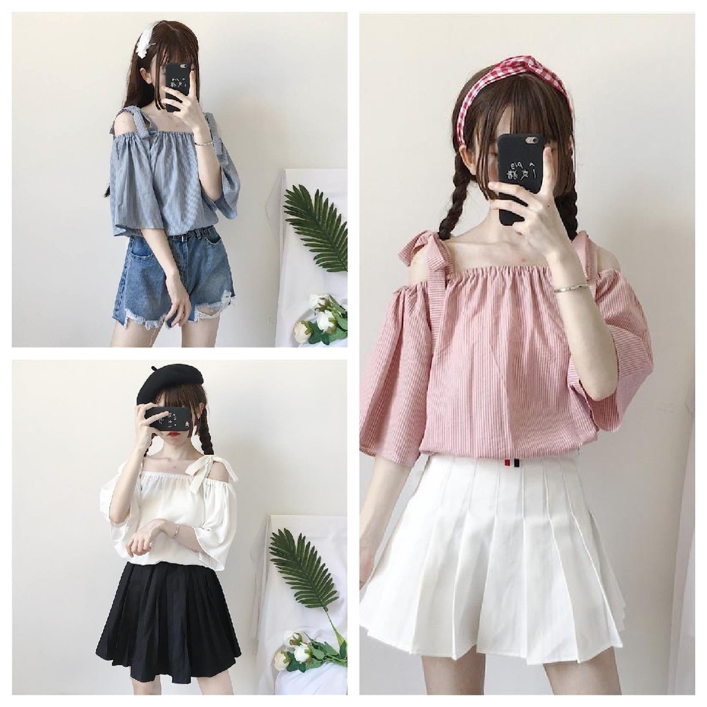 ส่งจากไทย เสื้อเชิ้ตคอปกทรงหลวมลายทางสไตล์เกาหลี ฤดูร้อน ผ้าผู้หญิง เสื้อแขนสั้นปาดไหล่