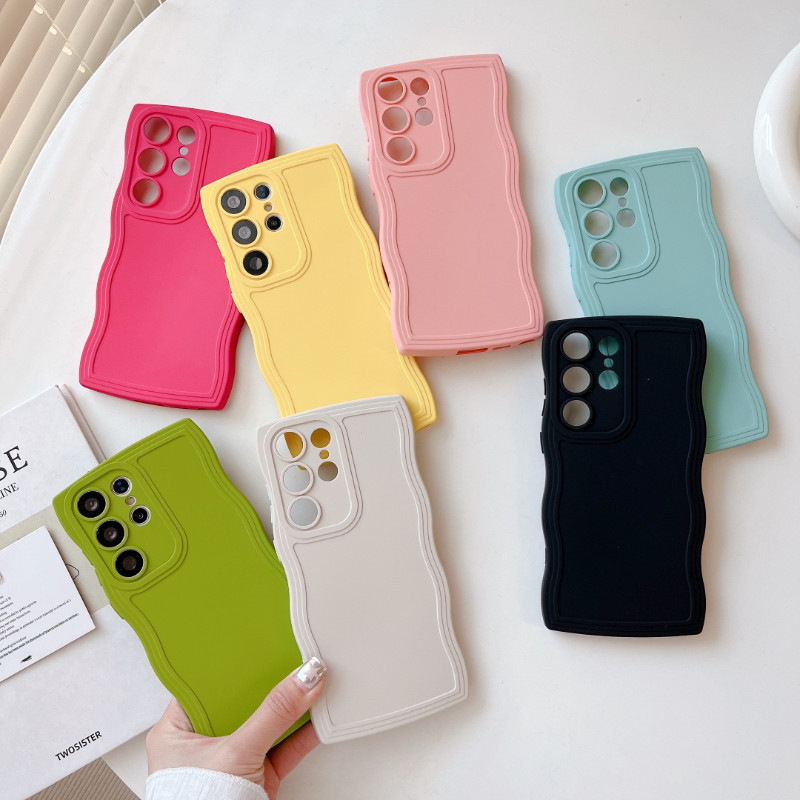 รูปแบบคลื่นซิลิโคนสีทึบเลนส์เต็มรอบทิศทางป้องกันการตกและกันลื่นเคสโทรศัพท์เหมาะสําหรับ Samsung Galaxy S21 S22 S23 S24 Plus/Pro Ultra S21FE S23FE