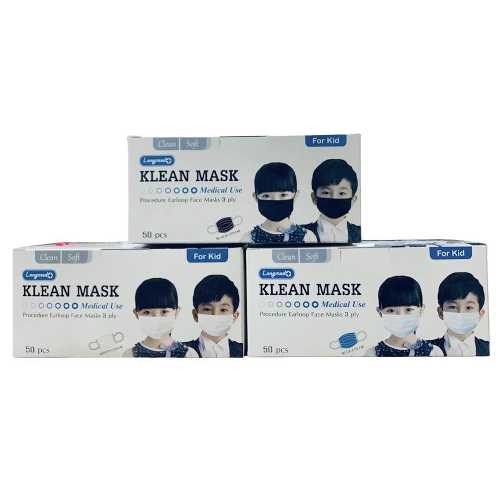 หน้ากากอนามัย คลีน มาส์ก ลองเมด 3 ชั้น 50 ชิ้น สำหรับเด็ก มี 3 สี  ฟ้า, ขาว, ดำ 1 กล่อง Klean Mask Face Mask For Kid