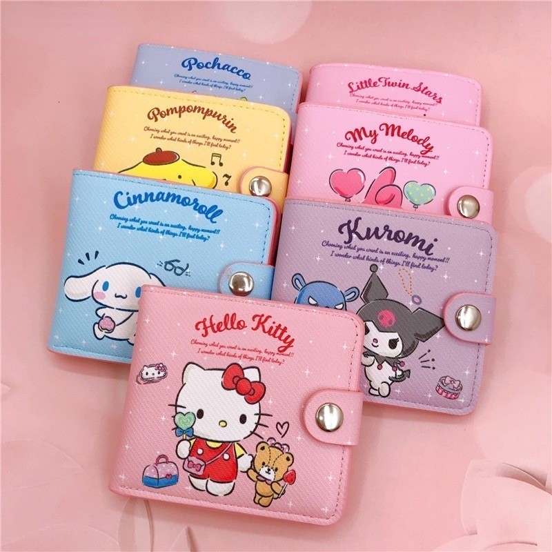 SANRIO กระเป๋าสตางค์ หนัง PU ลายการ์ตูน Hello Kitty Mymelody Kuromi น่ารัก แบบพกพา สามารถพับได้ สไตล์ญี่ปุ่น สําหรับผู้หญิง