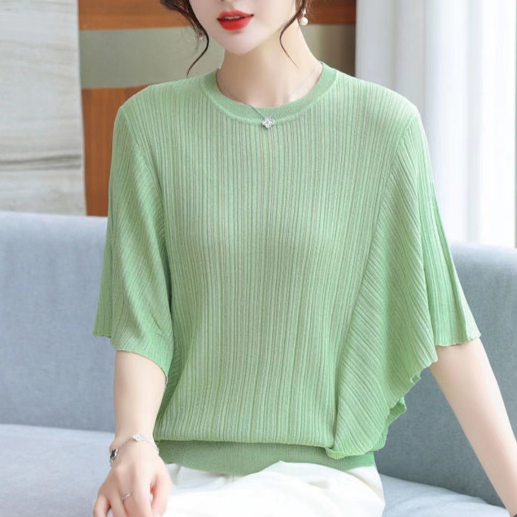 เสื้อยืด คอกลม แขนทรงปีกค้างคาว ผ้าถัก สีพื้น แฟชั่นฤดูร้อน สําหรับผู้หญิง