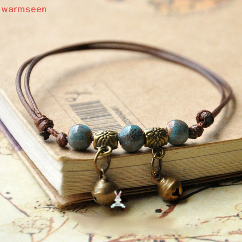 (warmseen) สร้อยข้อเท้า เชือกถักเซรามิค ประดับลูกปัด สีฟ้า สไตล์ชนเผ่า เครื่องประดับแฟชั่น สําหรับผู้หญิง