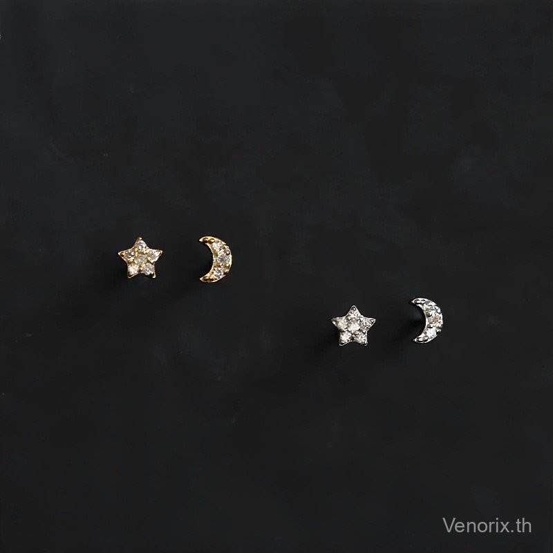 Venorix เงินแท้925 เคลือบทอง14K ตุ้มหูจี้ดาวพระจันทร์เพชร AB แบบ เกาหลี-ญี่ปุ่น เล็กน่ารัก