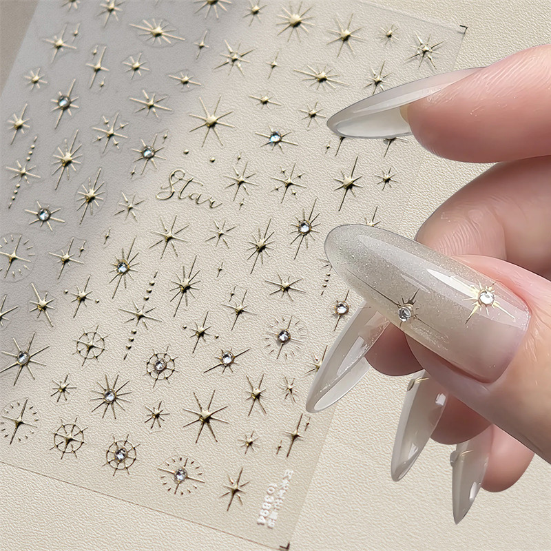 Gold Silver Star สีสัน Glitter Starlight Rhinestones บรรเทาตกแต่งเล็บสติกเกอร์เล็บ Decals