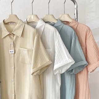 เสื้อเชิ้ตแขนสั้นผู้ชายโพลีเอสเตอร์สไตล์เกาหลีหลวมสบายๆย้อนย…