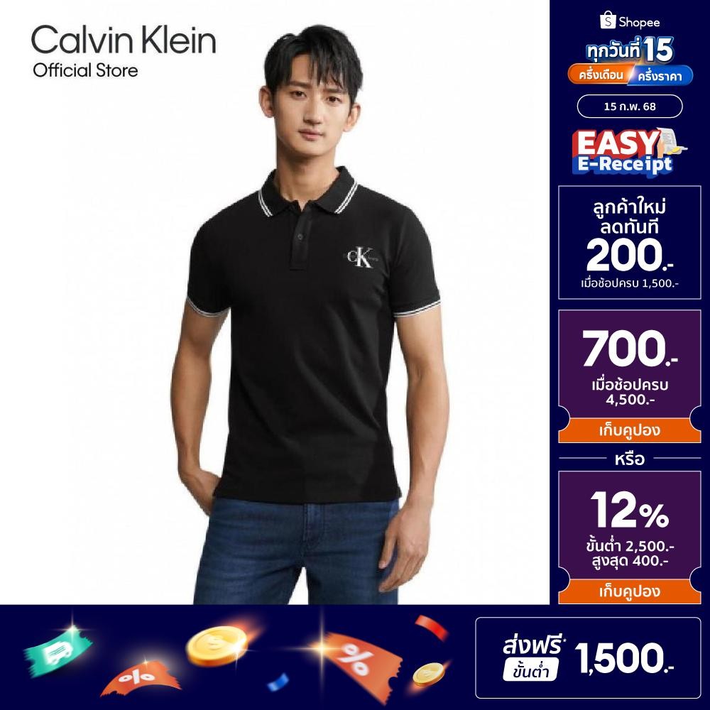 CALVIN KLEIN เสื้อโปโลผู้ชาย Monogram Logo ทรง Slim รุ่น J324245 BEH - สีดำ