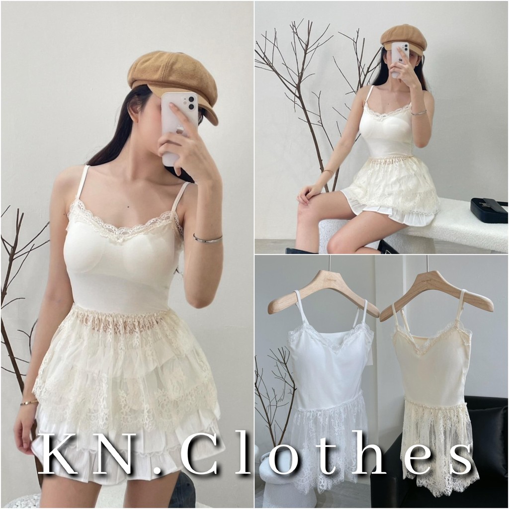 KN.Clothes เสื้อสายเดี่ยว ผ้าลูกไม้ฉลุครึ่งตัว เสริมฟองน้ำ Siwashop