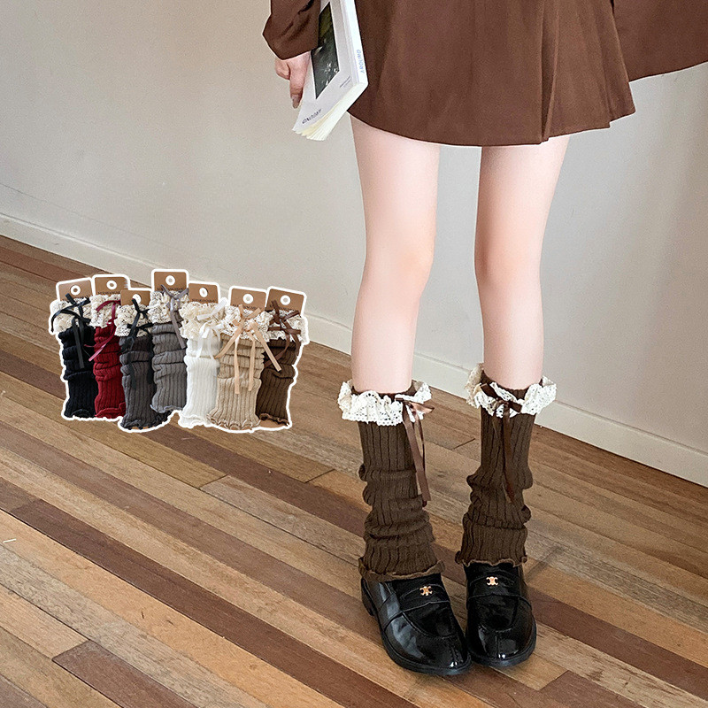 ถุงเท้าผู้หญิงสไตล์lolita ดีไซน์ลูกไม้และโบว์แบบญี่ปุ่น ทรงหลอดยาว สไตล์หวานๆ