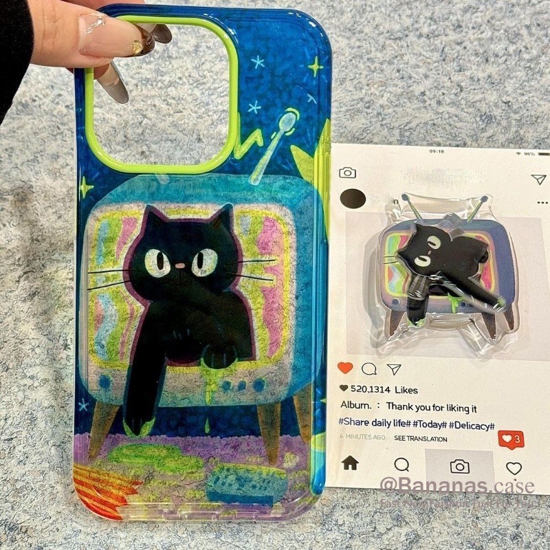 Iphone 16 15 14 13 12 11 Pro Max X Xr Xs Max 7 8 Plus SE2020 เคสโทรศัพท์การ์ตูนทีวี Black Cat + Stand Soft Back Clear Cover