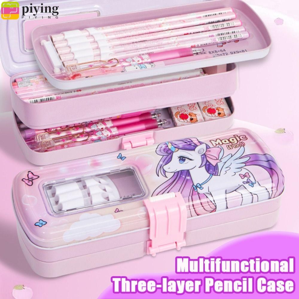 ผิง กระเป๋าใส่ปากกา,ยูนิคอร์นโลหะ/นักบินอวกาศ/ดินสอไดโนเสาร์ ,มัลติฟังก์ชั่สามชั้นกลับไปของขวัญโรงเรียนความจุขนาดใหญ่กล่องปากกาโรงเรียนสํา