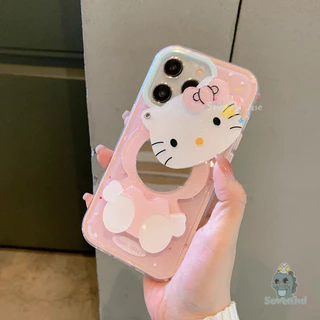 KT Mirror Casing + Lanyard Compatible for iPhone 11 16 XR 15 14 13 12 Pro Max X Xs Max 7 8 6 6s Plus Kitty Case การ์ตูนน่ารักลูกแมวเคสโทรศัพท์ + Chain Soft Silicon Protective Clear Cover