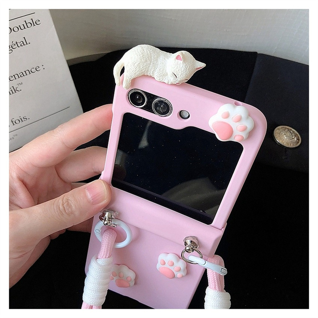 Lushuo เคสโทรศัพท์สําหรับ Samsung Galaxy Z Flip 6 5 4 3 OPPO ค้นหา N2 Flip N3 Flip เกาหลีการ์ตูน Cat