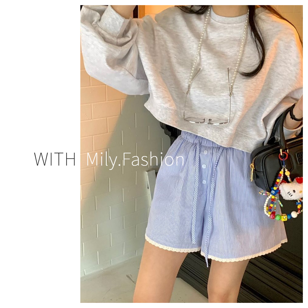 Milyfashion ฤดูร้อน Retro Age-Reduction เย็บลูกไม้ Lace-Up เอวสูง All-Match ลายกางเกงขาสั้นขากว้างผู้หญิง
